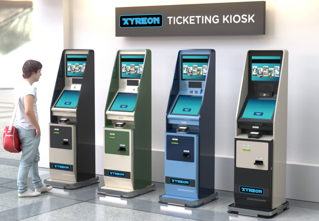 A row of four XYREON self-service ticketing kiosks in a public lobby, with a customer using the first unit