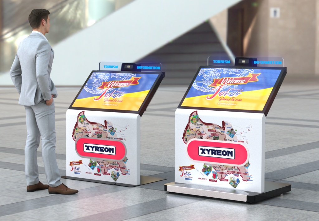 Two XYREON self-ordering kiosks showing a full-screen food menu as a customer walks past
