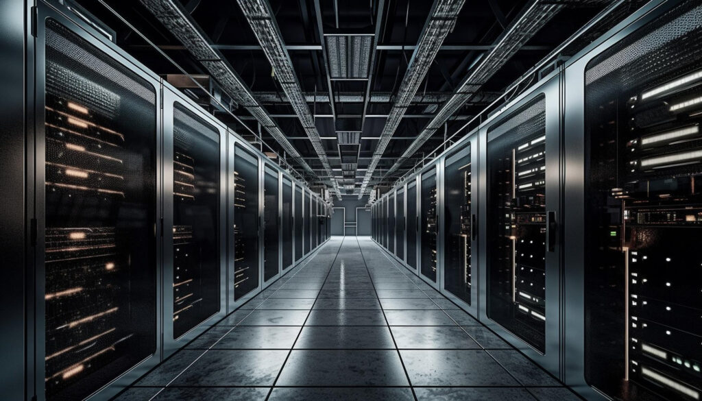 A long aisle running between rows of server racks in a data centre