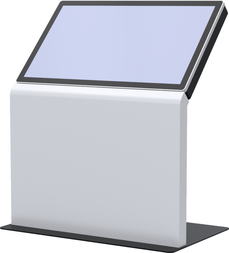 A product render of a free-standing self-service kiosk with an angled touchscreen